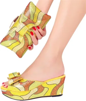 Womens Nigeria Shoes and Bags Set Crystal Wedge Heels Slippers for Birthday Prom Travel Wedding Rhinestone Clutch