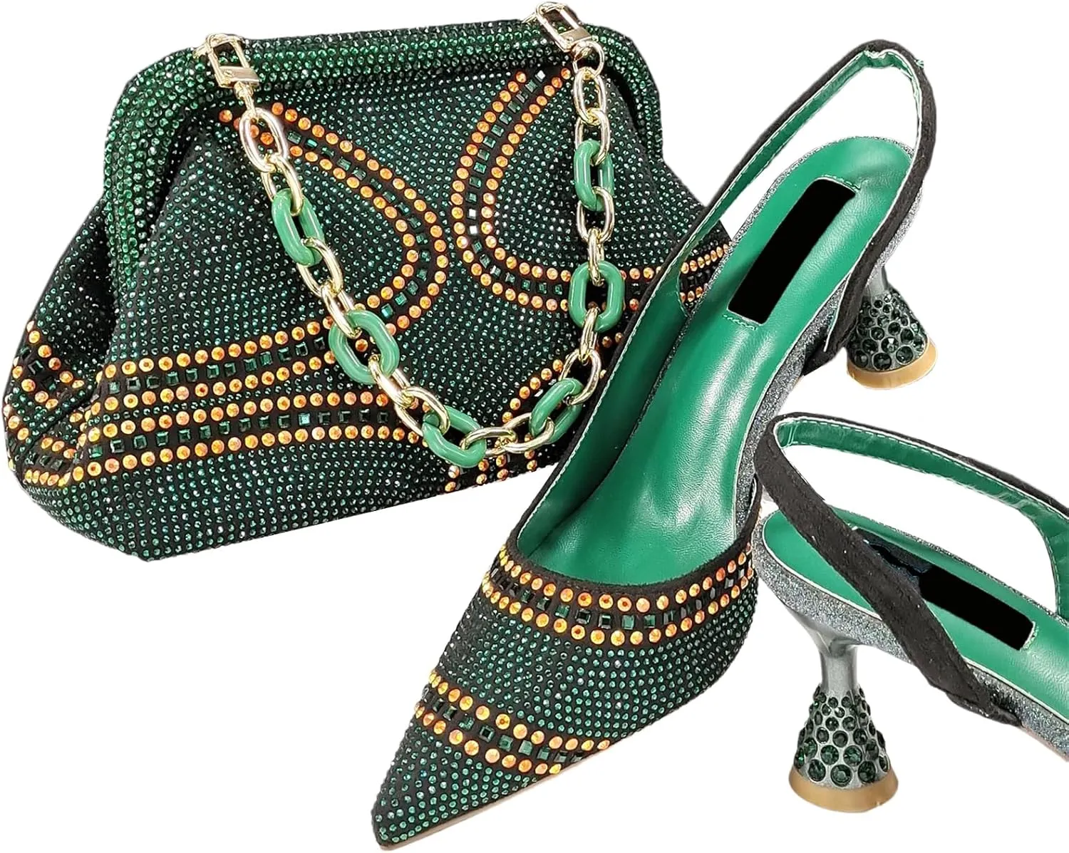 Womens Nigerian Inspired Designer Evening Shoes and Shoulder Bag Set Rhinestone Pattern High Heels for Bridal Party