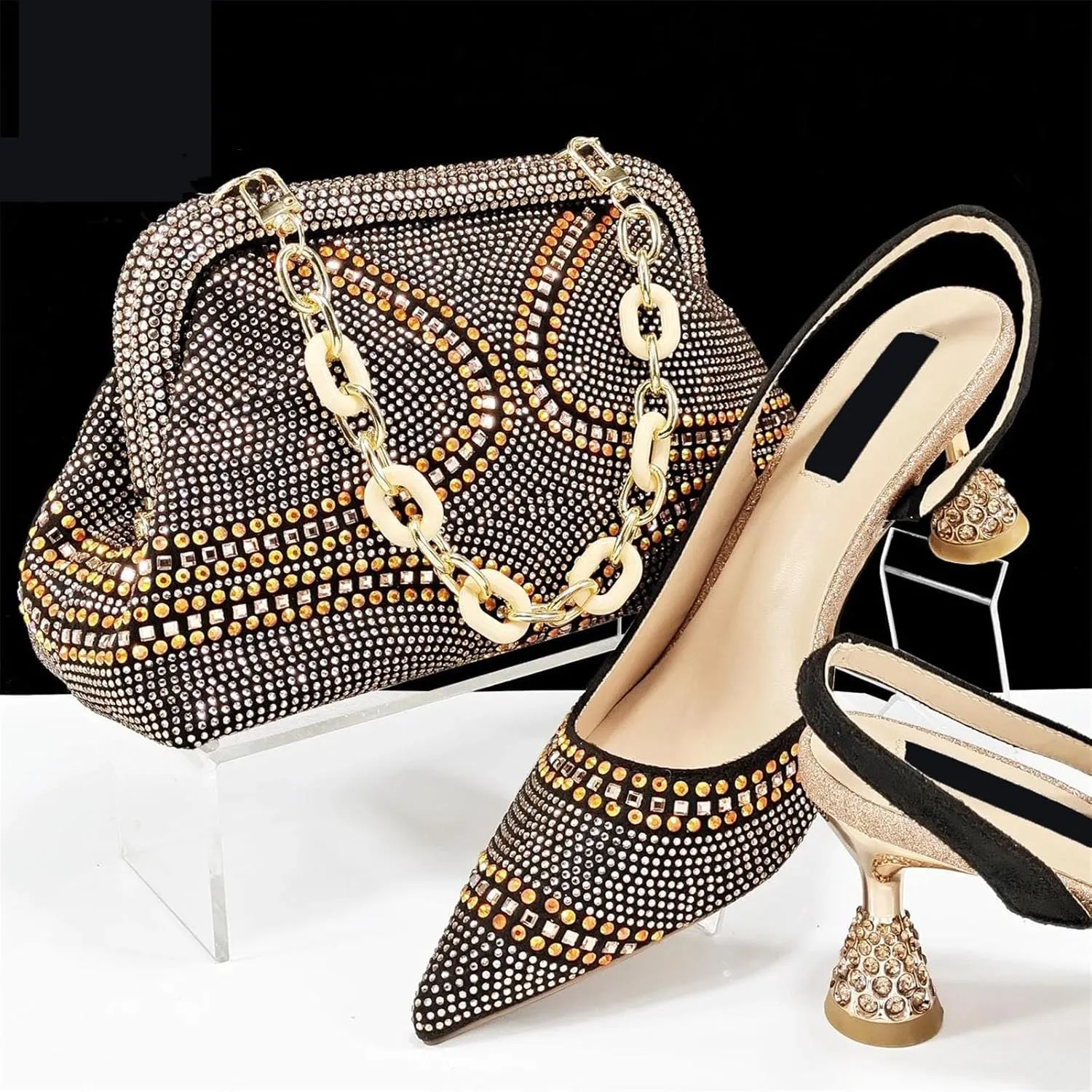 Womens Nigerian Inspired Designer Evening Shoes and Shoulder Bag Set Rhinestone Pattern High Heels for Bridal Party