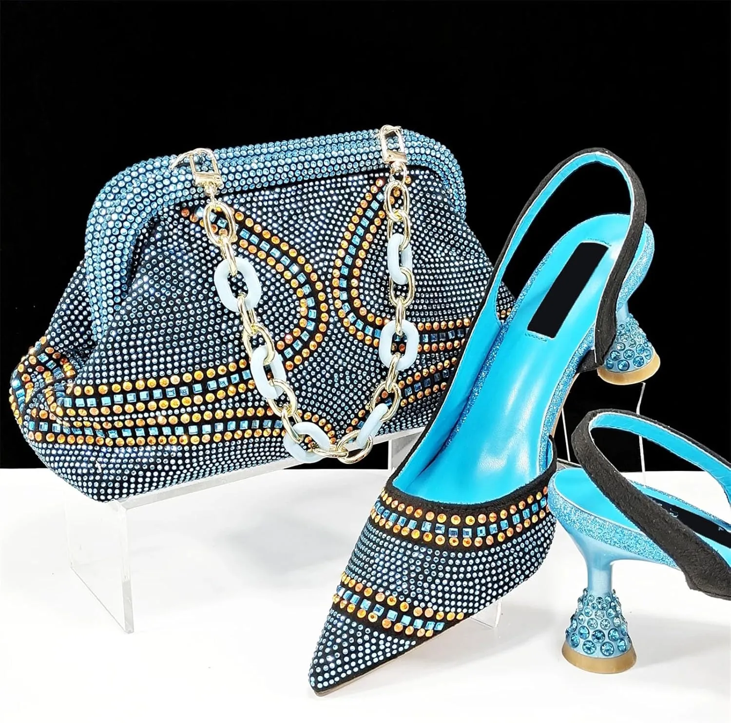 Womens Nigerian Inspired Designer Evening Shoes and Shoulder Bag Set Rhinestone Pattern High Heels for Bridal Party