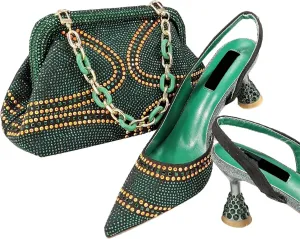 Womens Nigerian Inspired Designer Evening Shoes and Shoulder Bag Set Rhinestone Pattern High Heels for Bridal Party