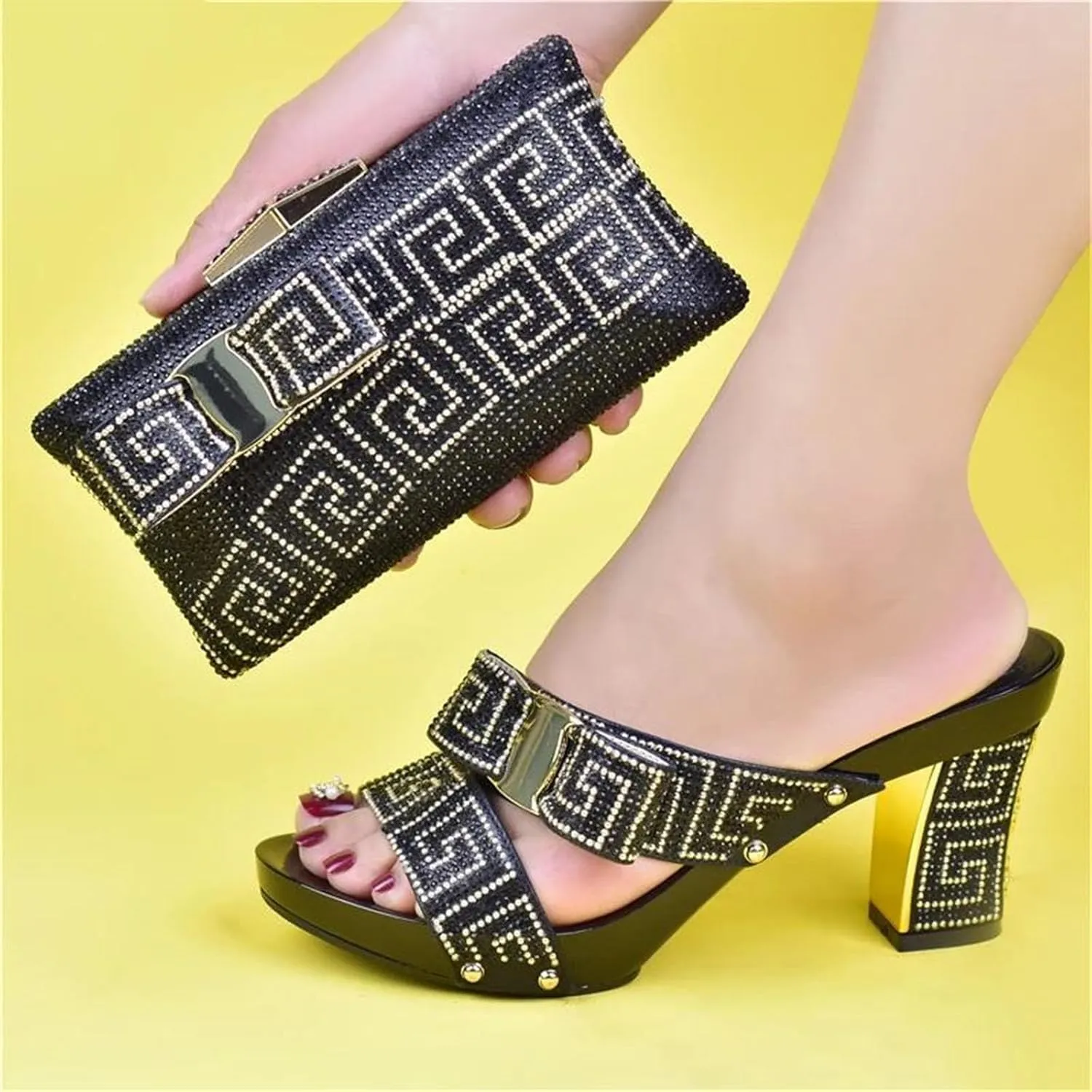 Womens Nigerian Party Matching Shoes And Bag Sets Round Toe Wedge Heels Sandals Rhinestone Crystal Clutch