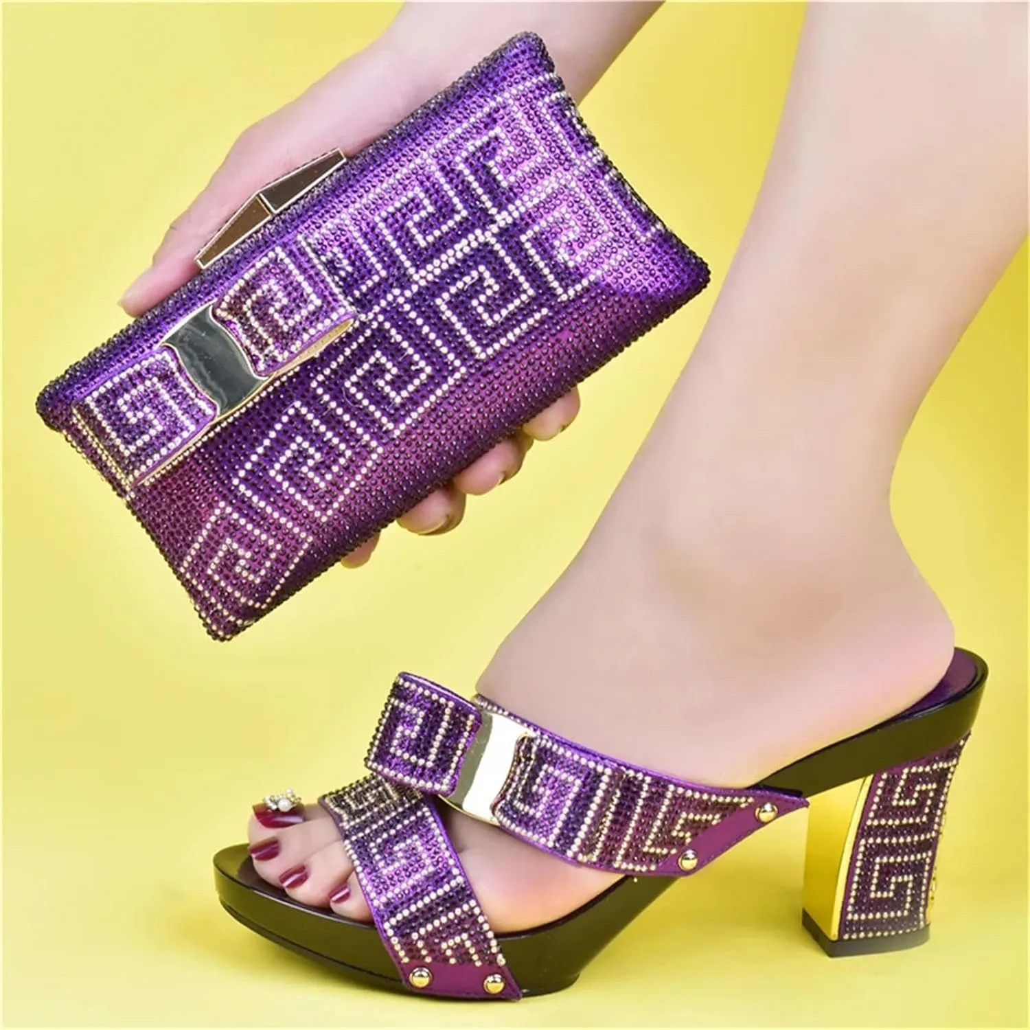 Womens Nigerian Party Matching Shoes And Bag Sets Round Toe Wedge Heels Sandals Rhinestone Crystal Clutch