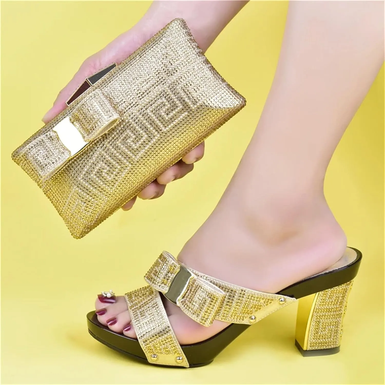 Womens Nigerian Party Matching Shoes And Bag Sets Round Toe Wedge Heels Sandals Rhinestone Crystal Clutch
