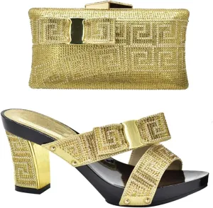 Womens Nigerian Party Matching Shoes And Bag Sets Round Toe Wedge Heels Sandals Rhinestone Crystal Clutch