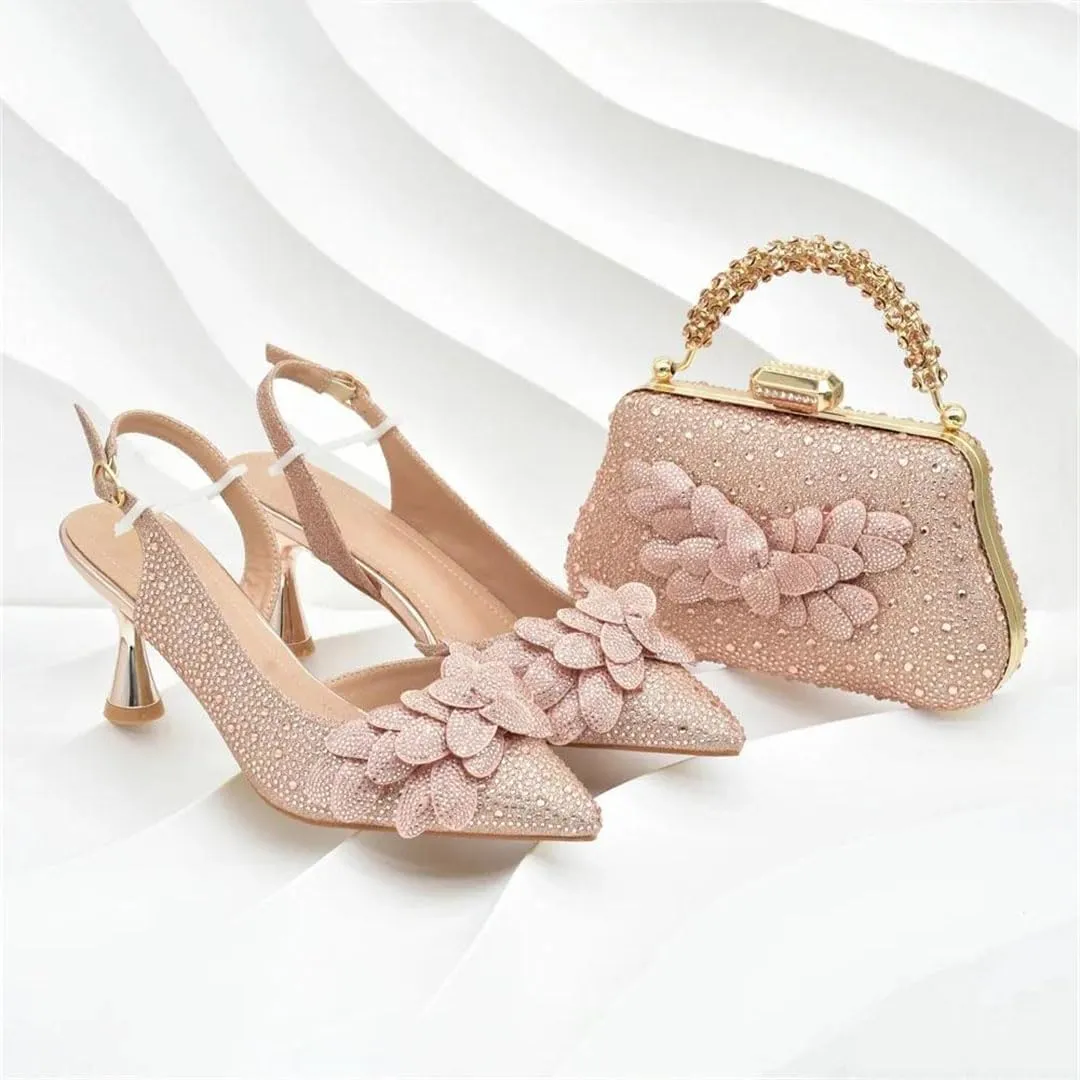 Women’S Party Shoes and Bag Set Slingbacks Pumps with Matching Handbag for Wedding