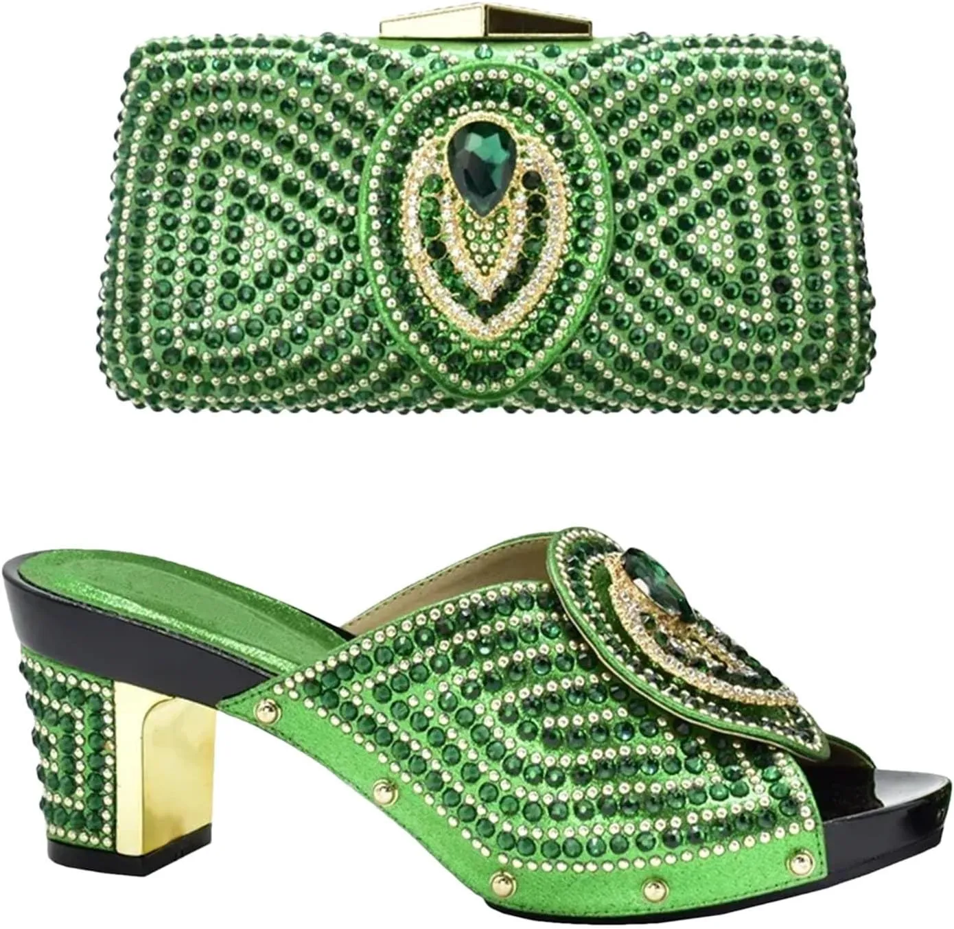 Women's Plus Size Italian Shoe & Bag Set - Rhinestone Pumps & Clutch for African Women's Weddings