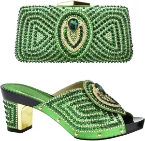 Women's Plus Size Italian Shoe & Bag Set - Rhinestone Pumps & Clutch for African Women's Weddings
