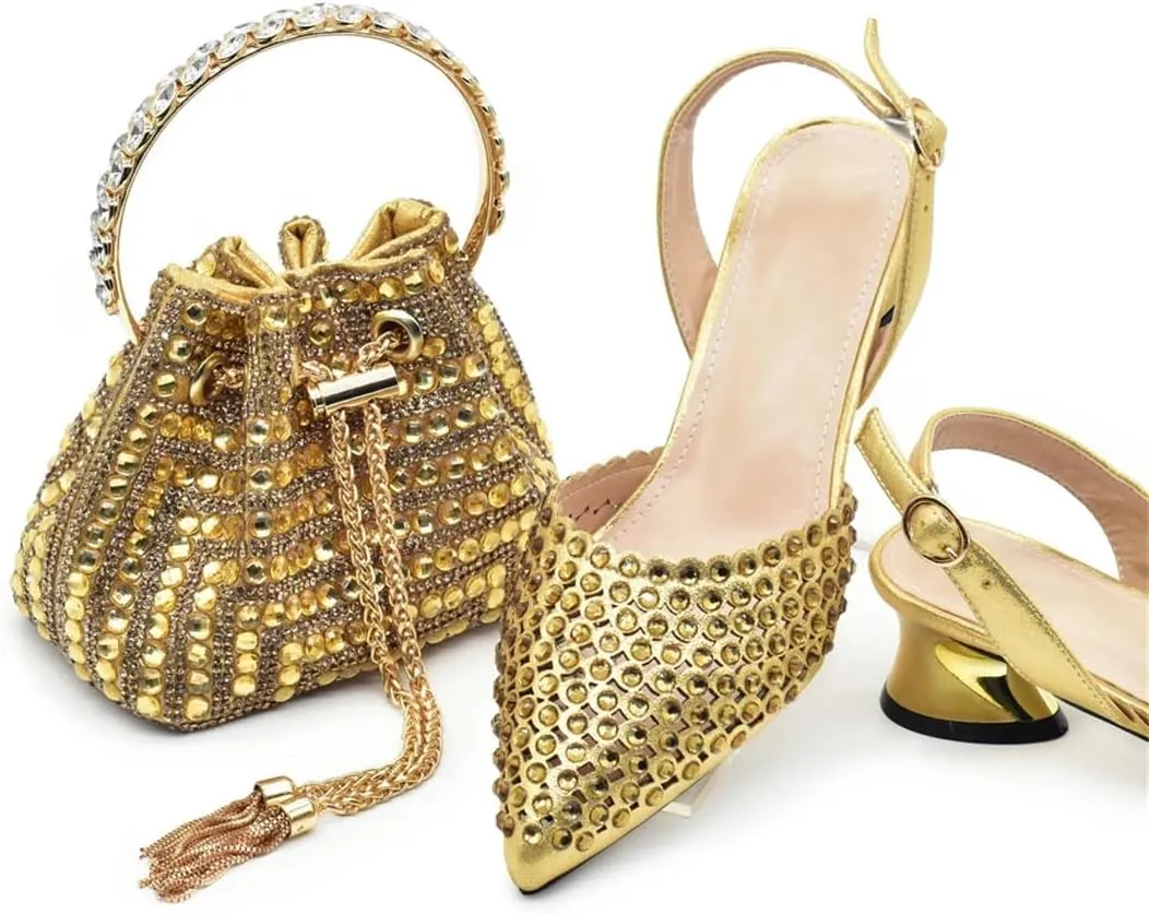 Women’S Pointed Toe Sandals Shoes And Bag Set For Wedding Party Hoof Heels Slingbacks Pumps With Matching Clutch