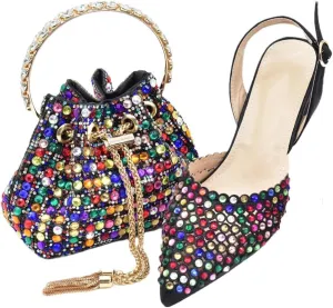 Women’S Pointed Toe Sandals Shoes And Bag Set For Wedding Party Hoof Heels Slingbacks Pumps With Matching Clutch