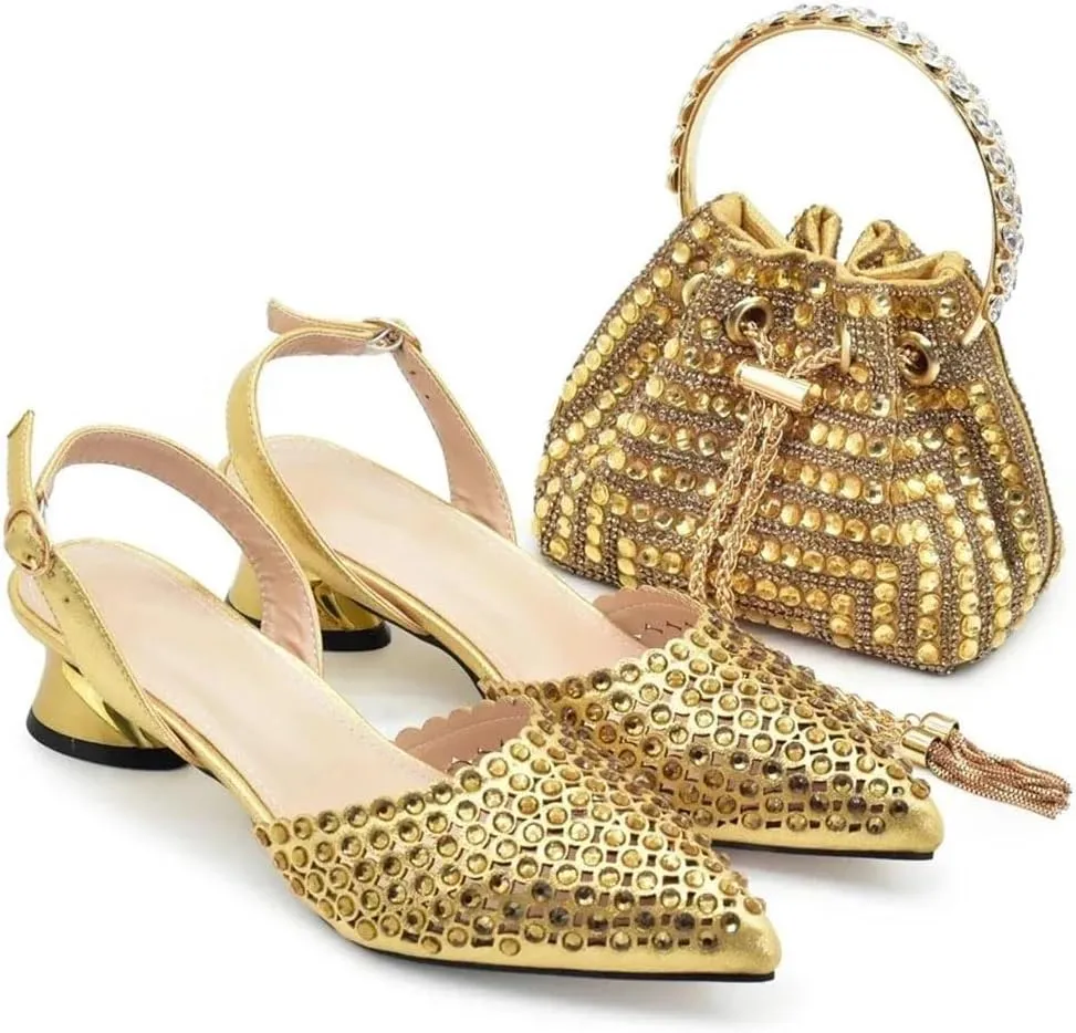 Women’S Pointed Toe Sandals Shoes And Bag Set For Wedding Party Hoof Heels Slingbacks Pumps With Matching Clutch