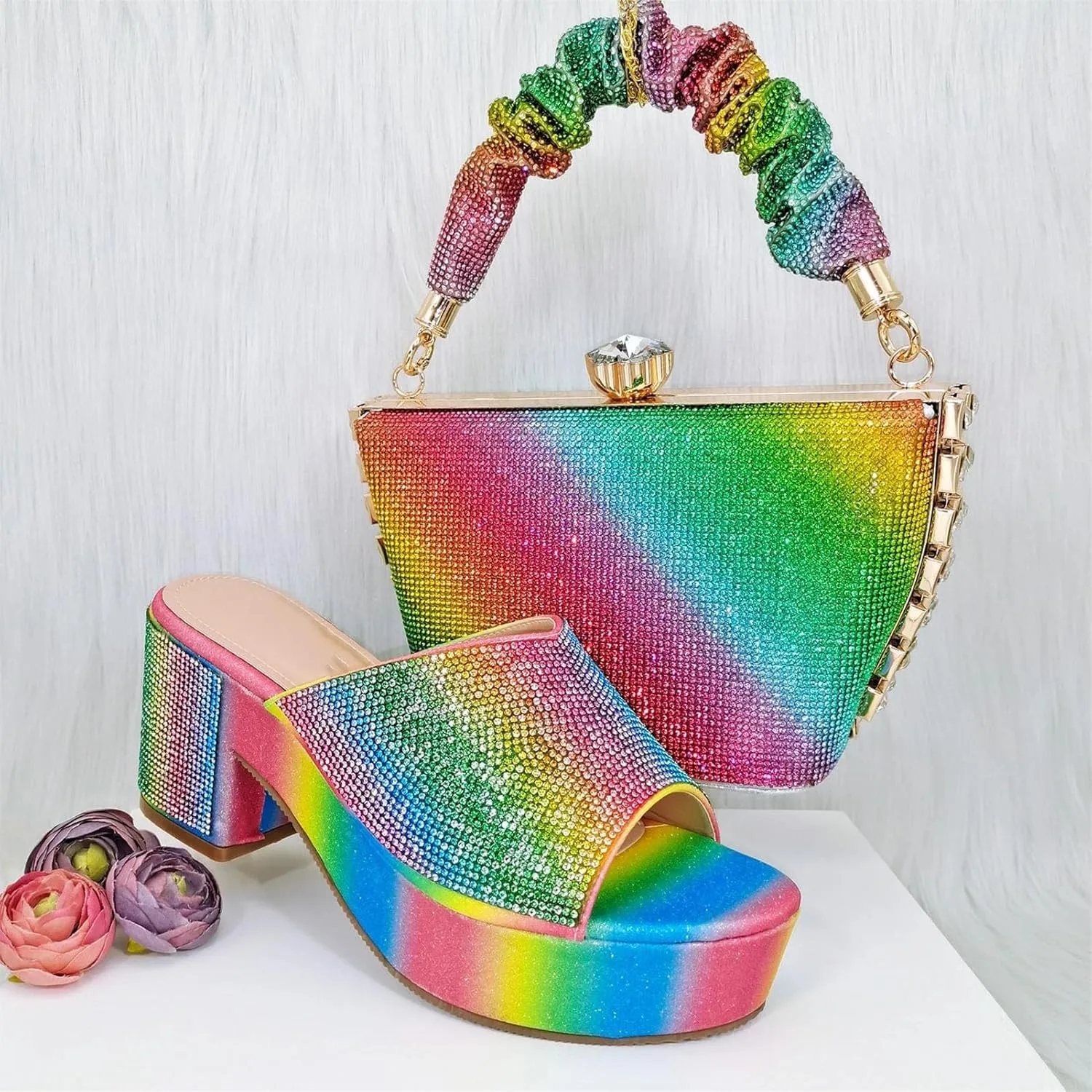 Women's Rainbow Italian Rhinestone Heels & Sandals - Nigerian Party Set