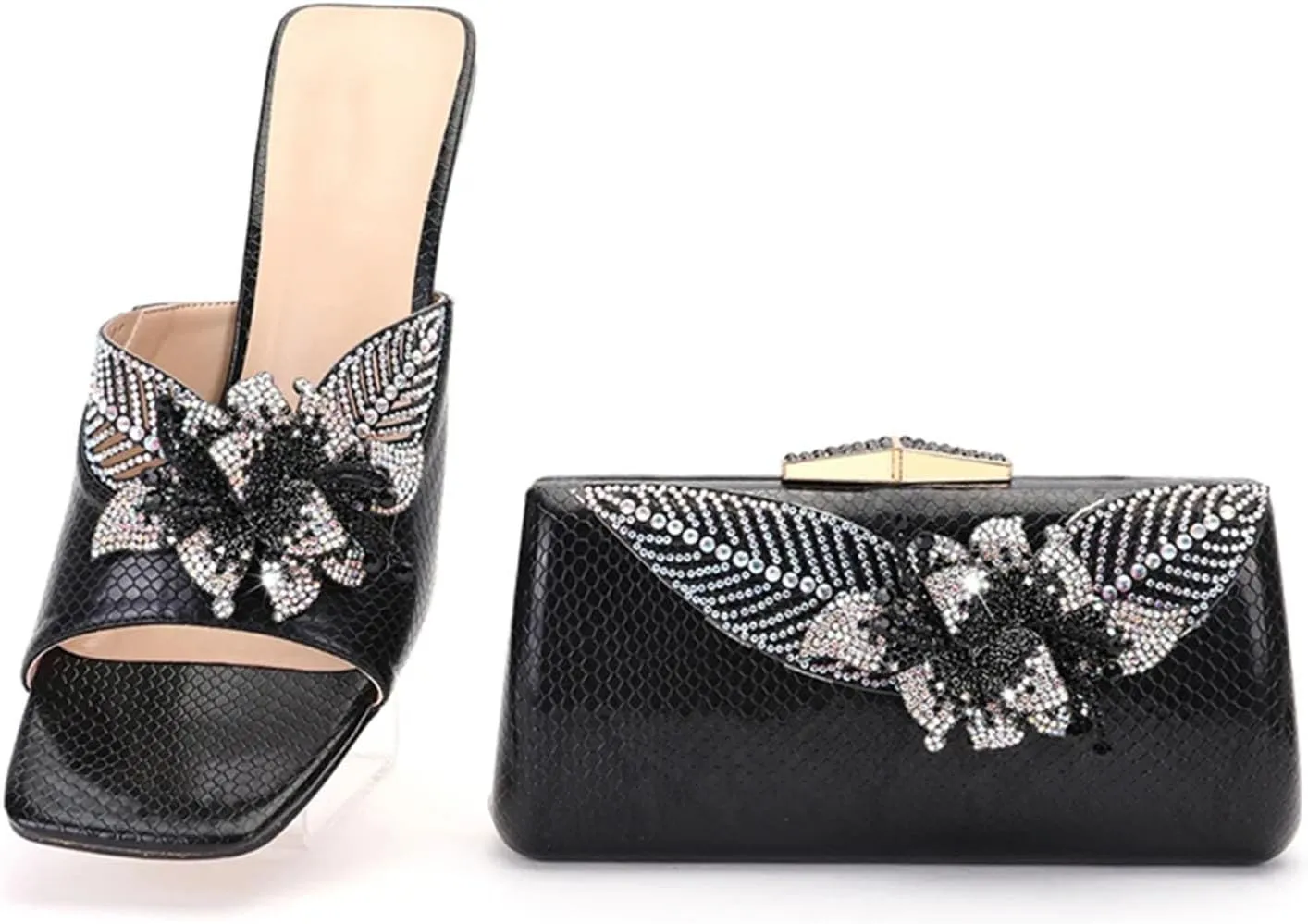 Women's Rhinestone Clutch High Heel Slippers Crystal Flower Large Size Slippers Shoe Bag Set Purse for Wedding Party