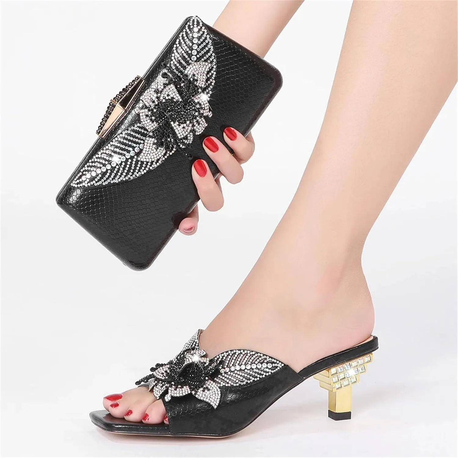 Women's Rhinestone Clutch High Heel Slippers Crystal Flower Large Size Slippers Shoe Bag Set Purse for Wedding Party