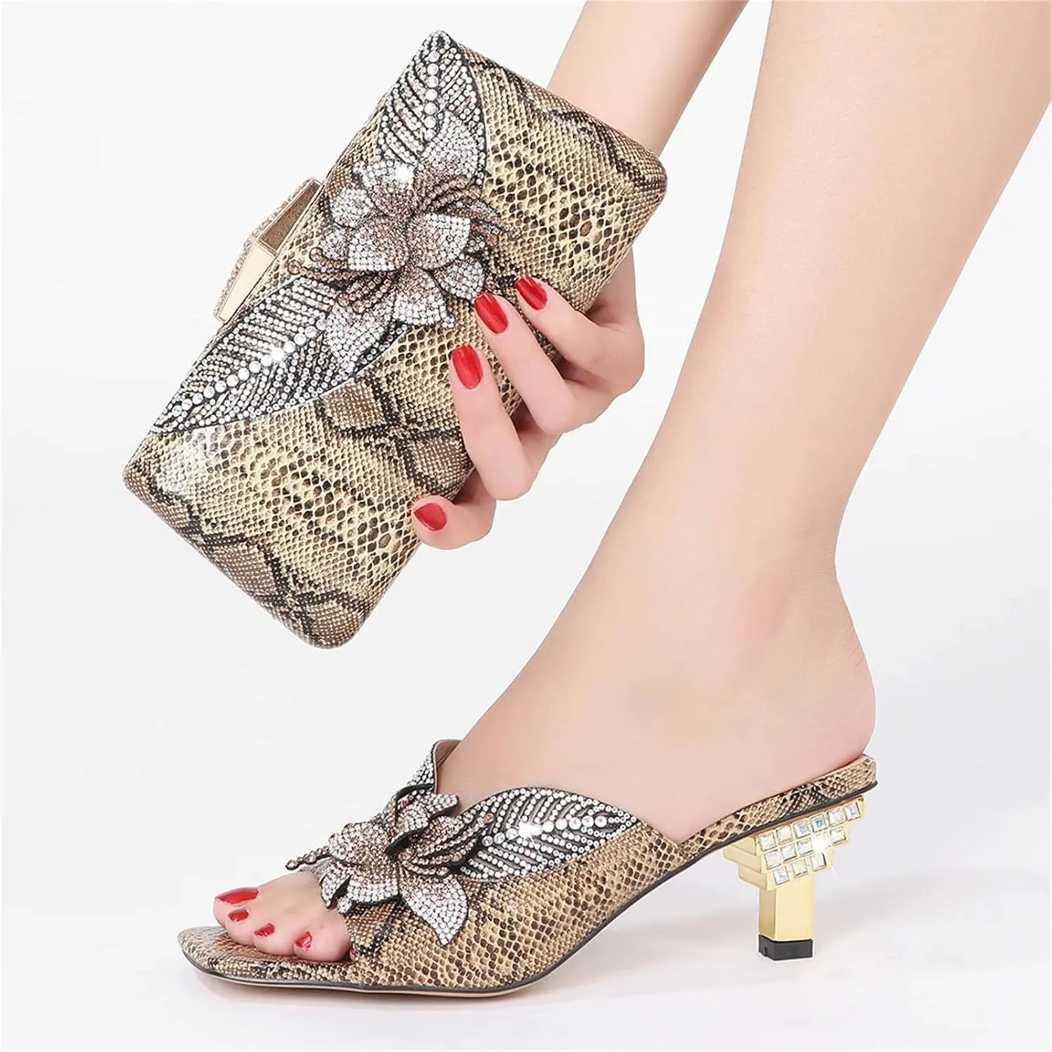 Women's Rhinestone Clutch High Heel Slippers Crystal Flower Large Size Slippers Shoe Bag Set Purse for Wedding Party