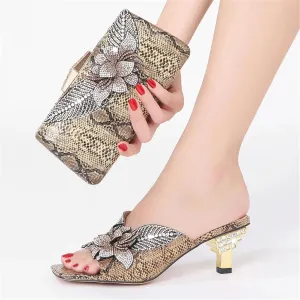 Women's Rhinestone Clutch High Heel Slippers Crystal Flower Large Size Slippers Shoe Bag Set Purse for Wedding Party