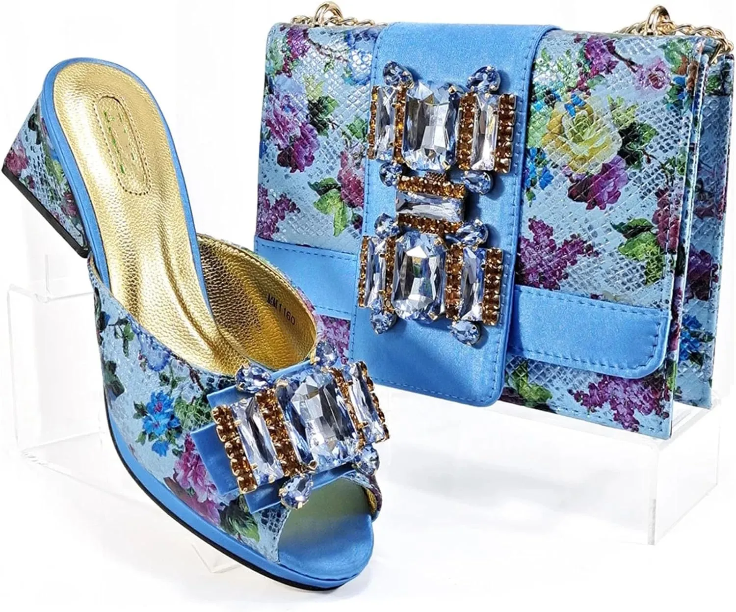 Womens Rhinestone Crystal Clutch Wedge Heels for Wedding Party Evening Bag with Flower Closure Italian Shoes and Bag Set