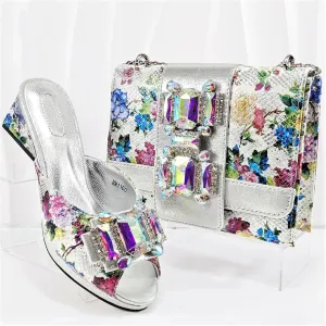 Womens Rhinestone Crystal Clutch Wedge Heels for Wedding Party Evening Bag with Flower Closure Italian Shoes and Bag Set