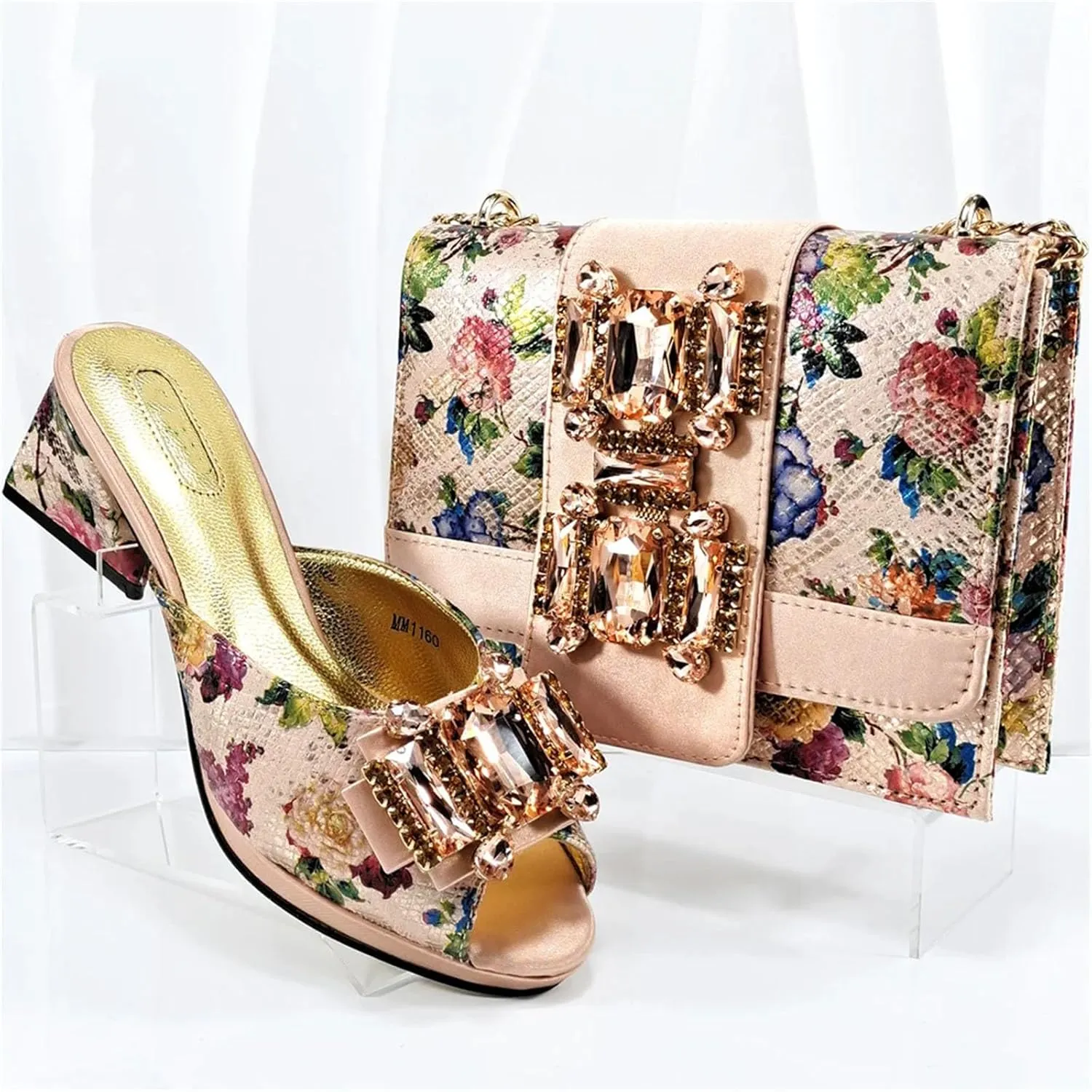 Womens Rhinestone Crystal Clutch Wedge Heels for Wedding Party Evening Bag with Flower Closure Italian Shoes and Bag Set