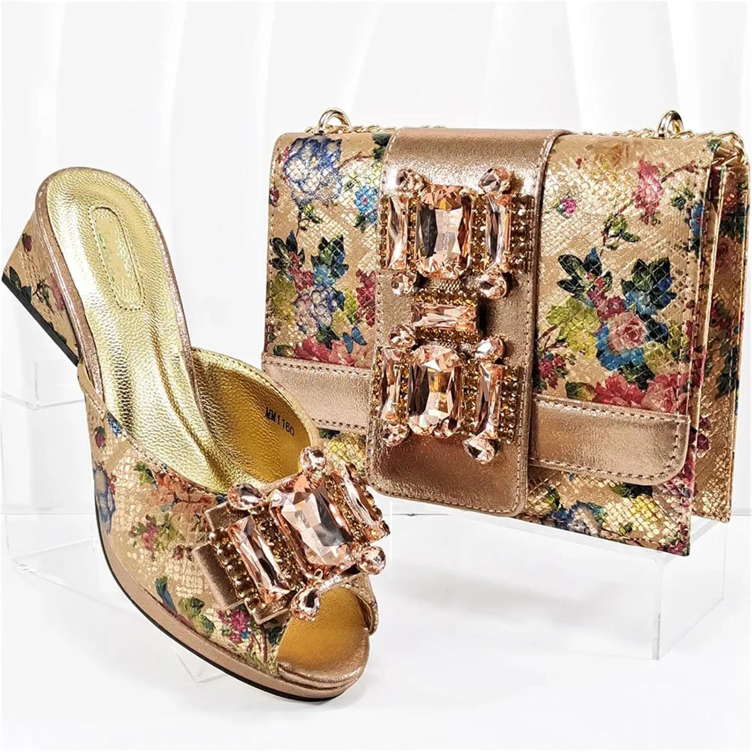 Womens Rhinestone Crystal Clutch Wedge Heels for Wedding Party Evening Bag with Flower Closure Italian Shoes and Bag Set