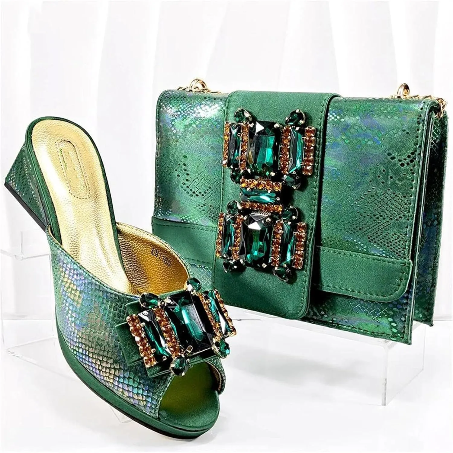 Womens Rhinestone Crystal Clutch Wedge Heels for Wedding Party Evening Bag with Flower Closure Italian Shoes and Bag Set