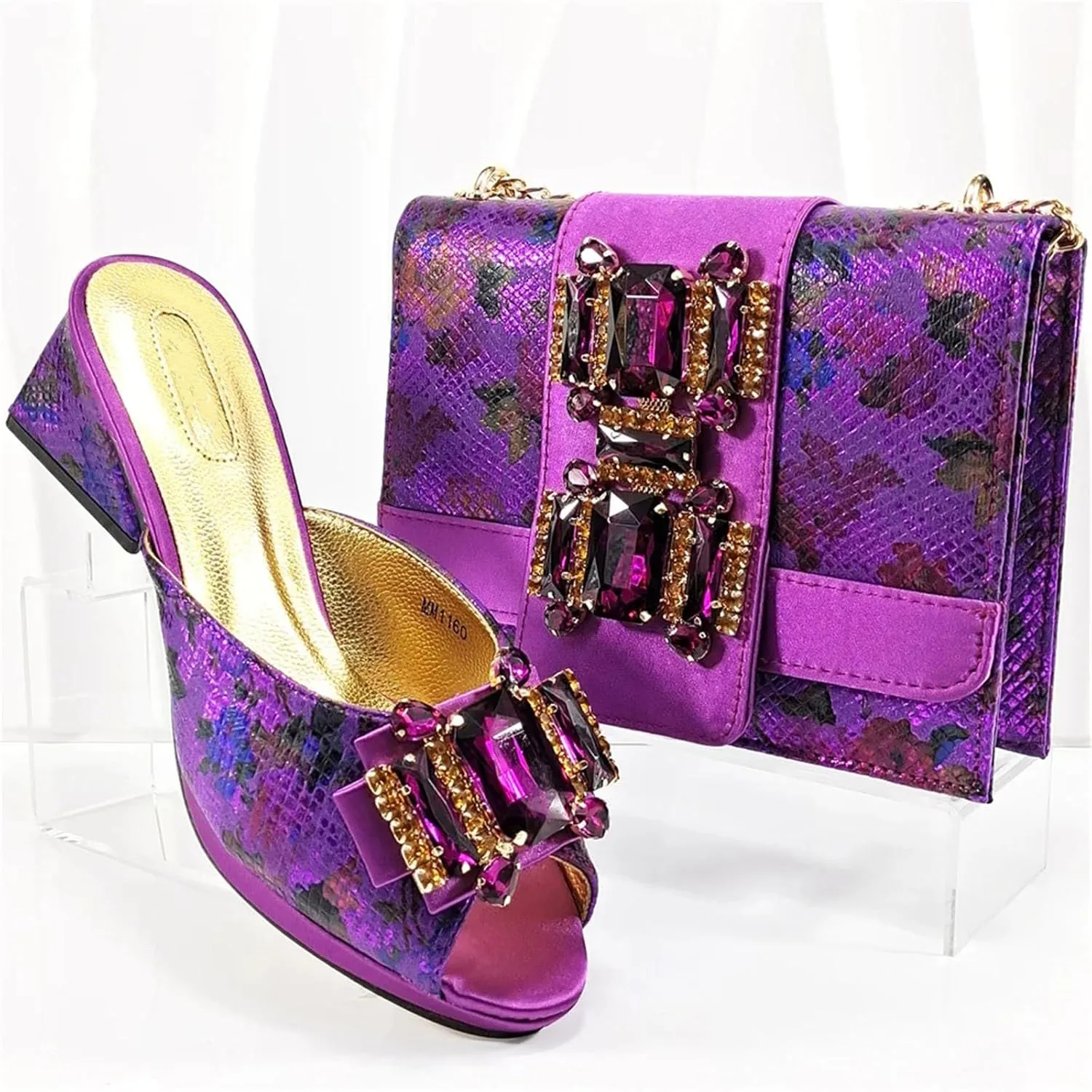 Womens Rhinestone Crystal Clutch Wedge Heels for Wedding Party Evening Bag with Flower Closure Italian Shoes and Bag Set