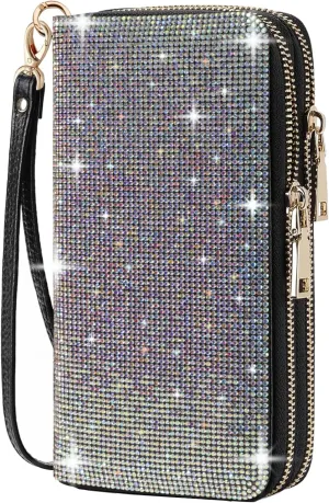 Women's Rhinestone Large Capacity Double Zipper Wristlet Clutch Purse Party Wallet Card Phone Holder