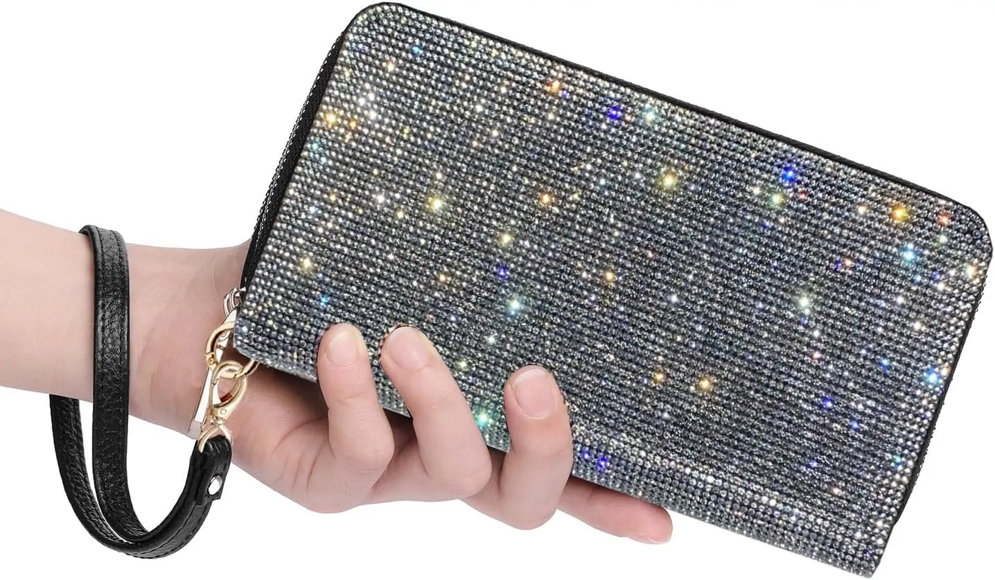 Women's Rhinestone Large Capacity Double Zipper Wristlet Clutch Purse Party Wallet Card Phone Holder