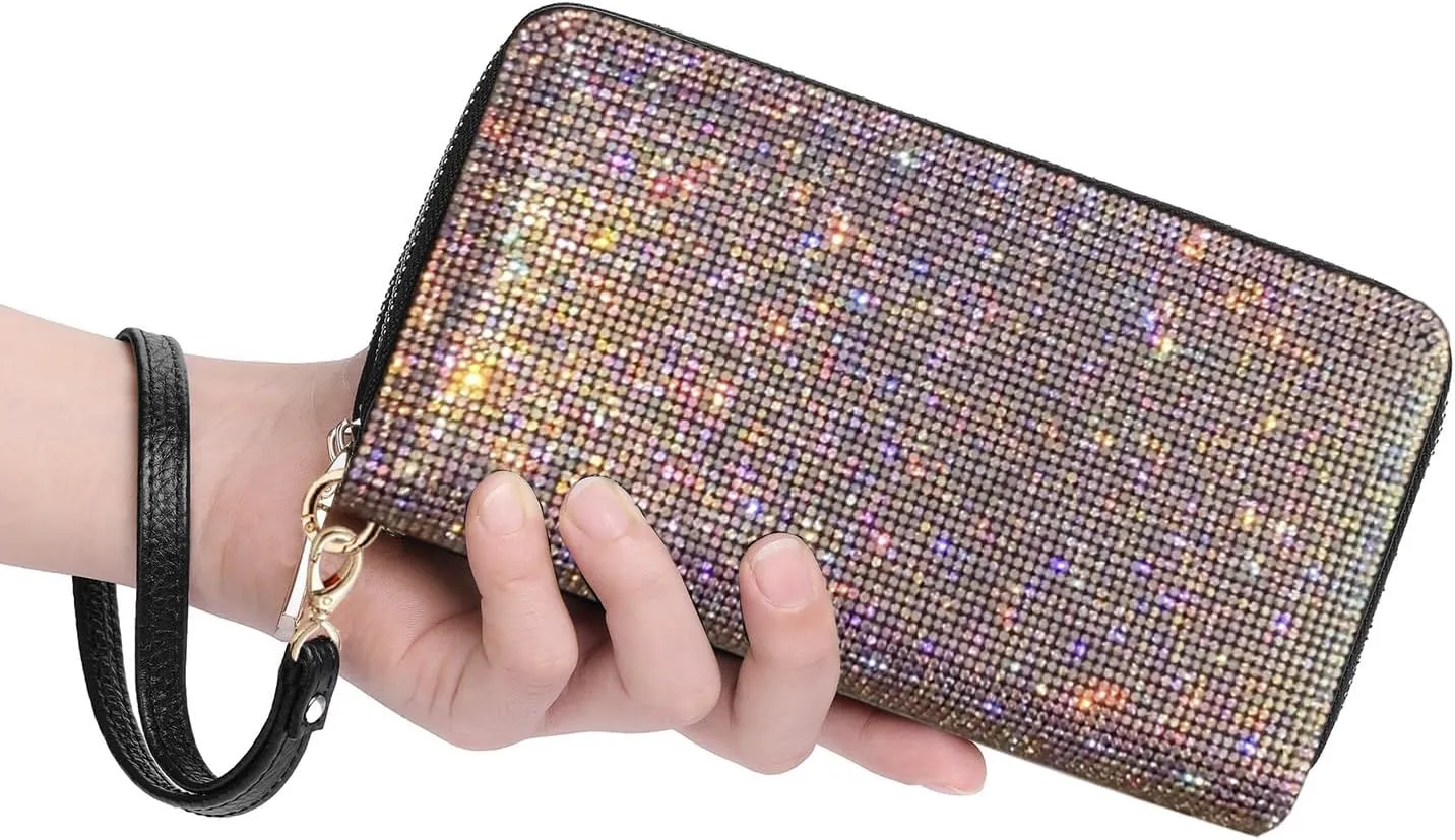 Women's Rhinestone Large Capacity Double Zipper Wristlet Clutch Purse Party Wallet Card Phone Holder