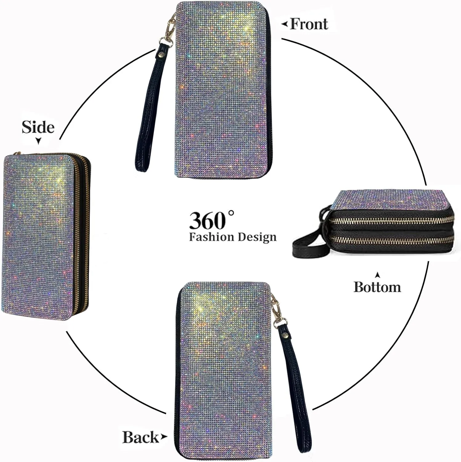 Women's Rhinestone Large Capacity Double Zipper Wristlet Clutch Purse Party Wallet Card Phone Holder