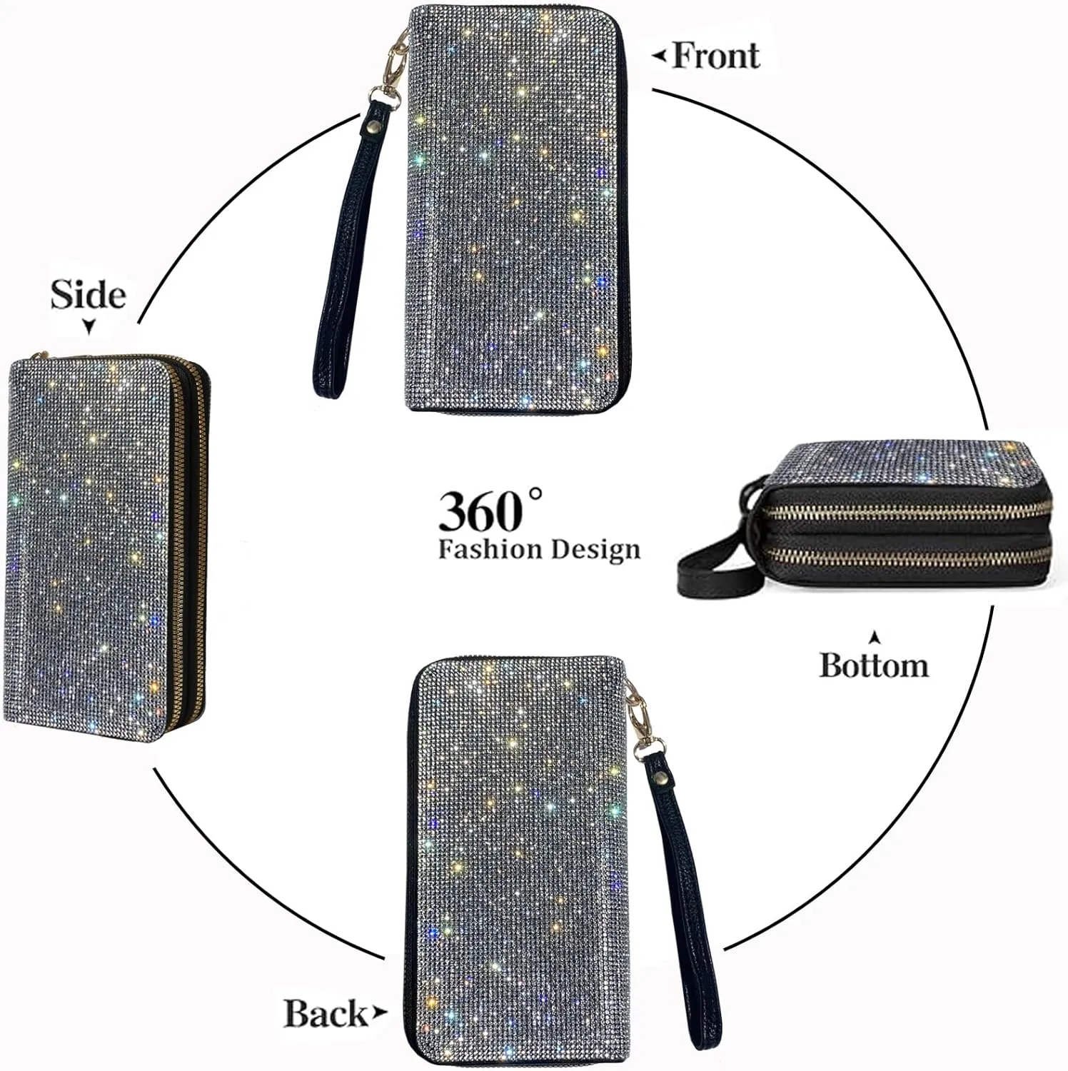 Women's Rhinestone Large Capacity Double Zipper Wristlet Clutch Purse Party Wallet Card Phone Holder