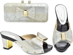 Womens Rhinestone Wedding Shoes and Bag Set Evening Party Purse Bridal Prom Bag African Luxury Decorated Sandals