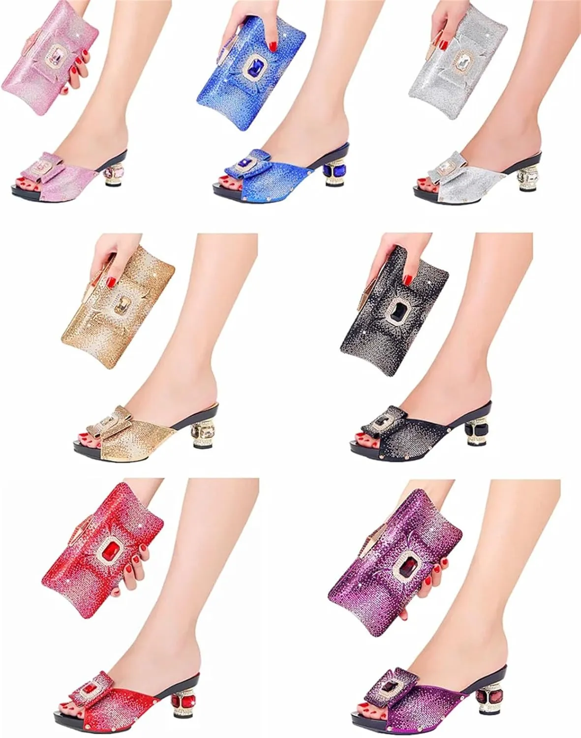 Women's Rhinestone Wedge Heel Slippers 2025 Crystal Shoe Bag Set Nigeria Summer Clutch For Wedding Birthday Party