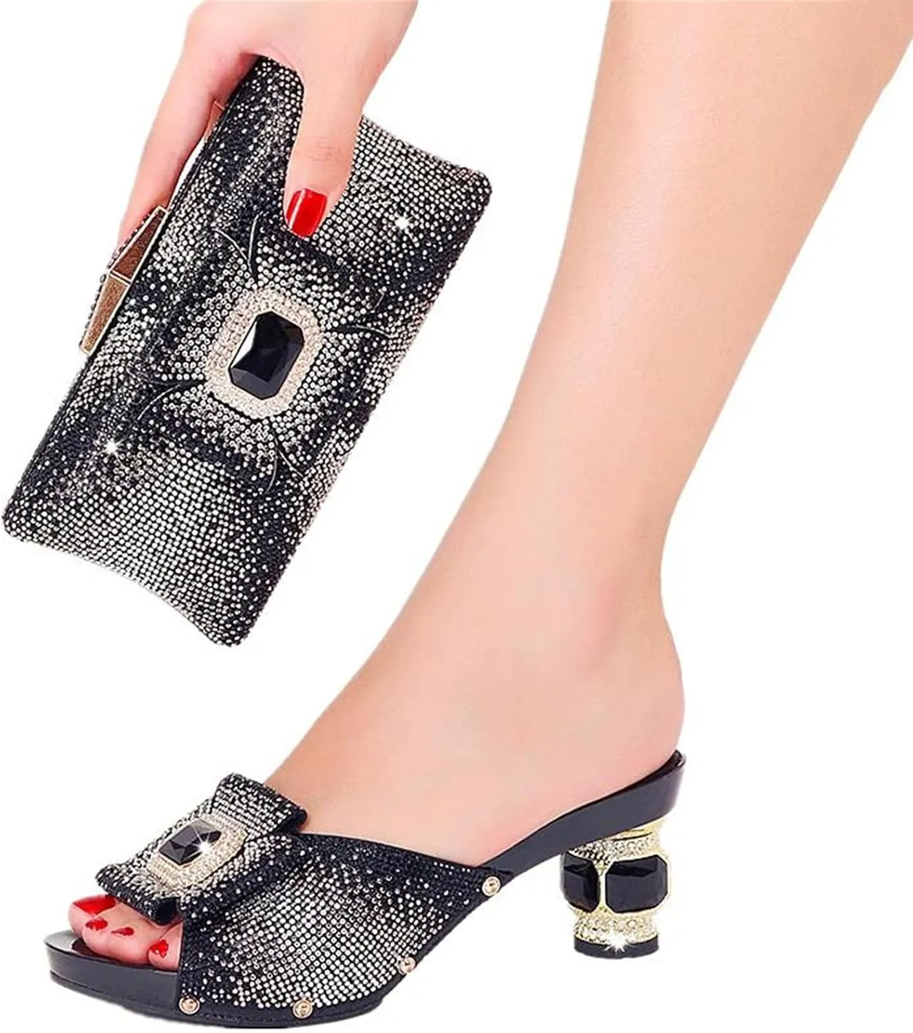 Women's Rhinestone Wedge Heel Slippers 2025 Crystal Shoe Bag Set Nigeria Summer Clutch For Wedding Birthday Party