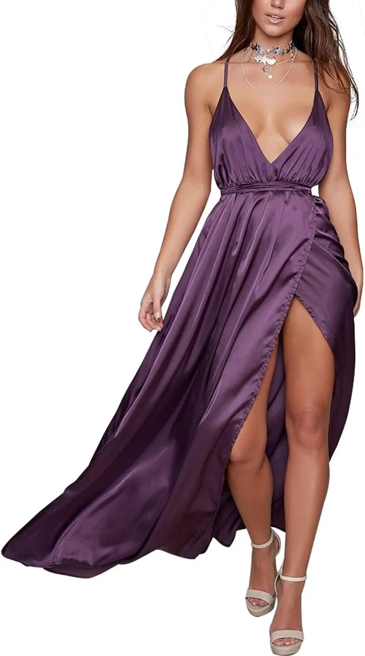 Women's Satin Formal Dress Sexy V Neck Backless Split Long Maxi Cocktail Party Wedding Guest Dress