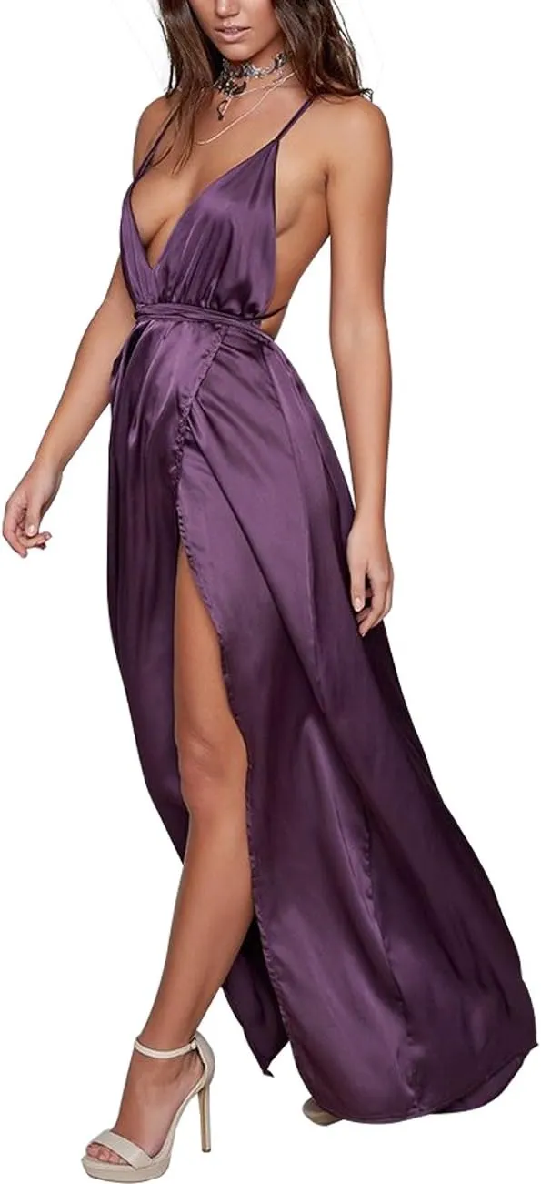 Women's Satin Formal Dress Sexy V Neck Backless Split Long Maxi Cocktail Party Wedding Guest Dress