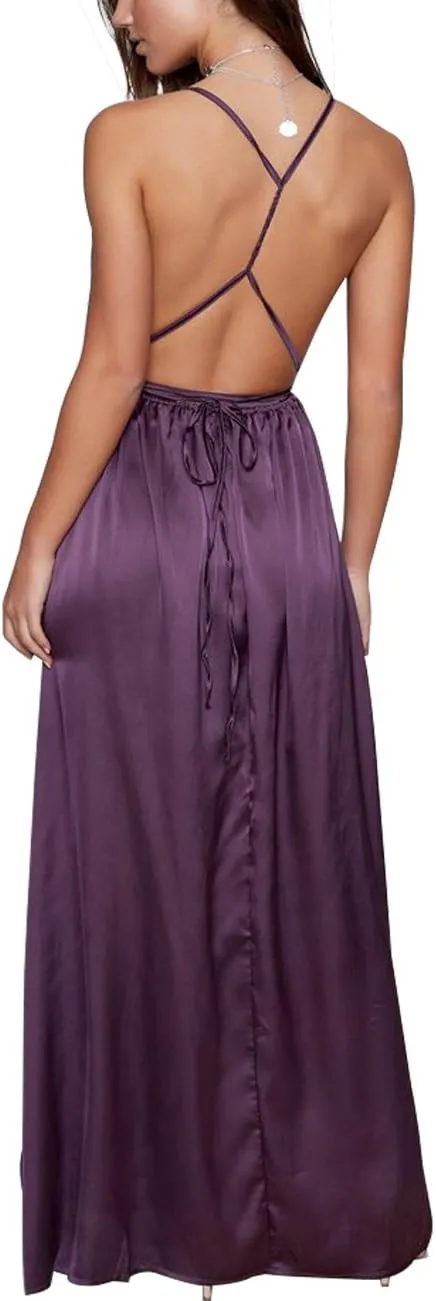 Women's Satin Formal Dress Sexy V Neck Backless Split Long Maxi Cocktail Party Wedding Guest Dress