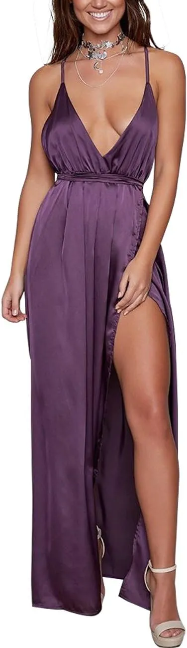 Women's Satin Formal Dress Sexy V Neck Backless Split Long Maxi Cocktail Party Wedding Guest Dress