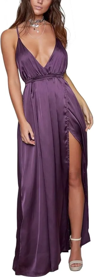 Women's Satin Formal Dress Sexy V Neck Backless Split Long Maxi Cocktail Party Wedding Guest Dress