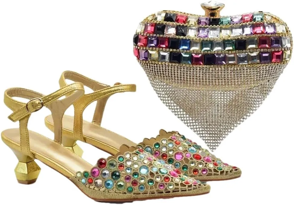 Women’S Shoes and Bag Set for Wedding Party Pointed Toe Strange Heel Slingbacks Pumps with Matching Handbag