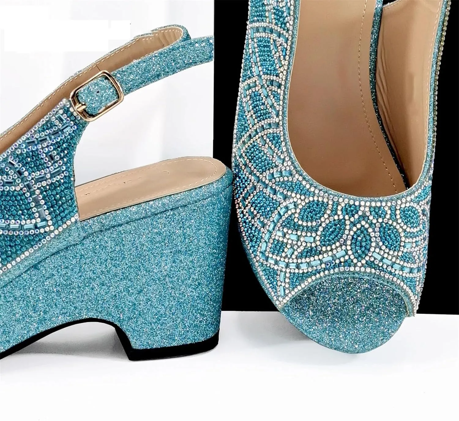 Womens Sky Blue Wedding Shoes Set Rhinestone Bridal Pumps and Matching Evening Party Satin Clutch Purse Bag