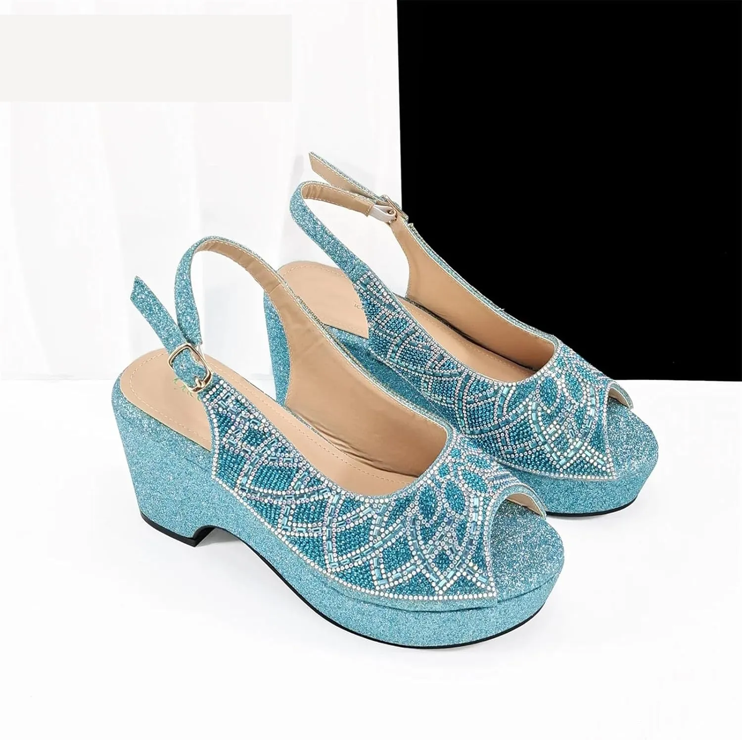 Womens Sky Blue Wedding Shoes Set Rhinestone Bridal Pumps and Matching Evening Party Satin Clutch Purse Bag