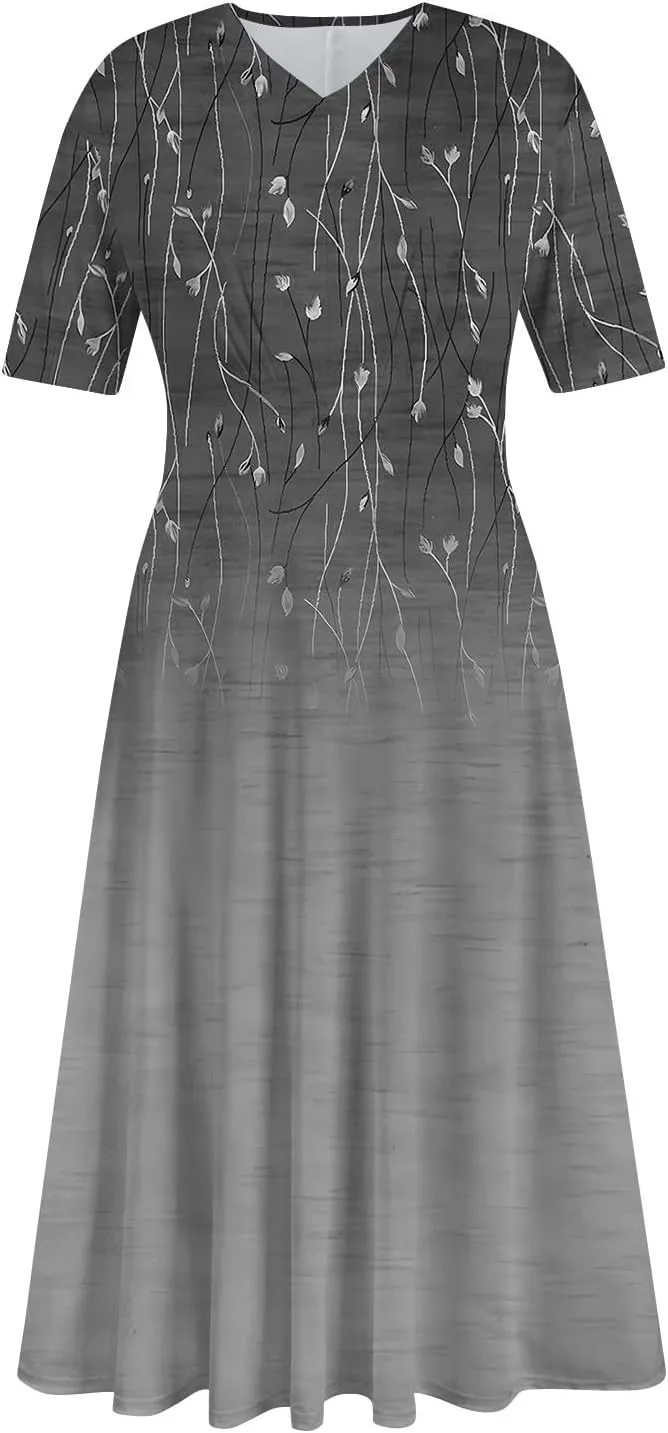 Womens Summer Dresses Sexy V Neck Dresses Short Sleeve Loose Fit Tunic Dress Casual Plus Size Flowy Dresses 2024