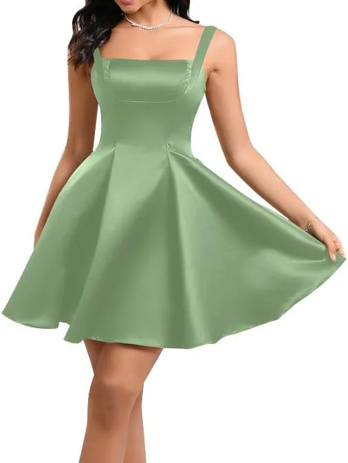 Women's Summer Dresses Square Neck Sleeveless A Line Mini Dress Party Back with Bow Cocktail Short Dress