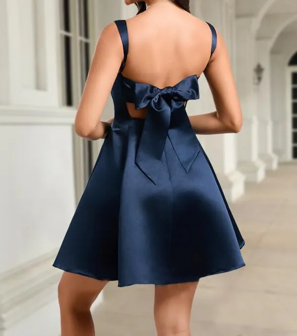 Women's Summer Dresses Square Neck Sleeveless A Line Mini Dress Party Back with Bow Cocktail Short Dress