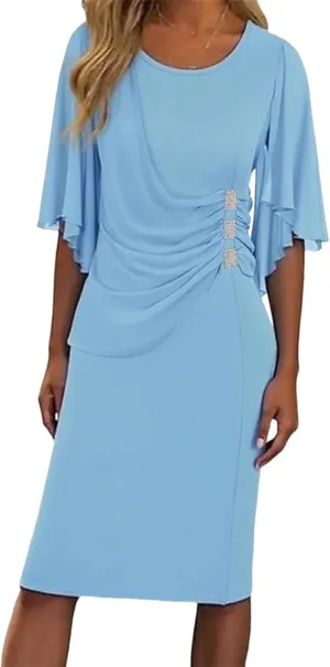 Womens Summer Elegant Light Blue Ruffled Short Neck Round Neck A-Line Ruched Bodycon Fresh Party Midi Dress