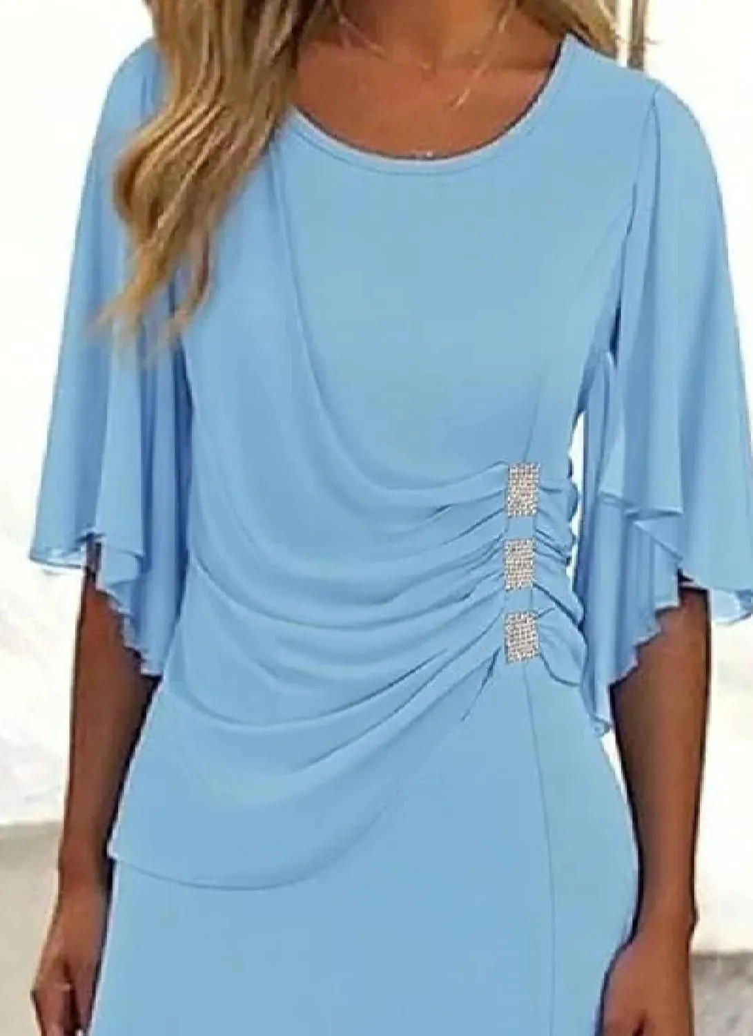 Womens Summer Elegant Light Blue Ruffled Short Neck Round Neck A-Line Ruched Bodycon Fresh Party Midi Dress