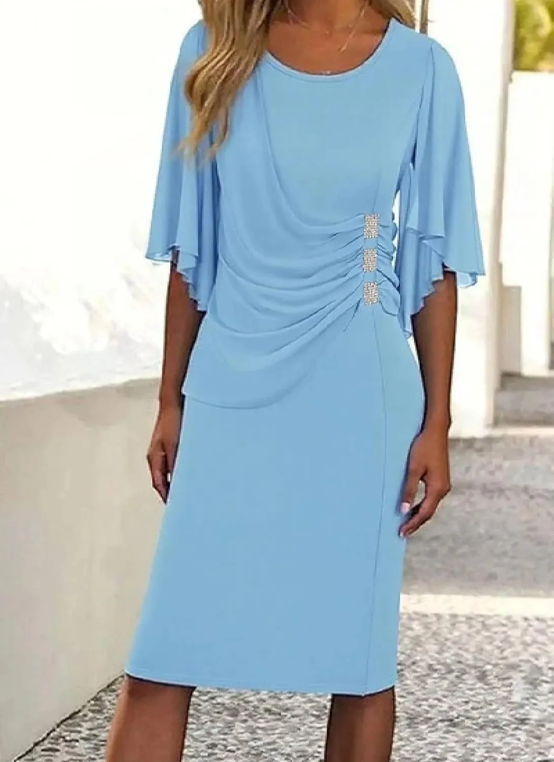 Womens Summer Elegant Light Blue Ruffled Short Neck Round Neck A-Line Ruched Bodycon Fresh Party Midi Dress