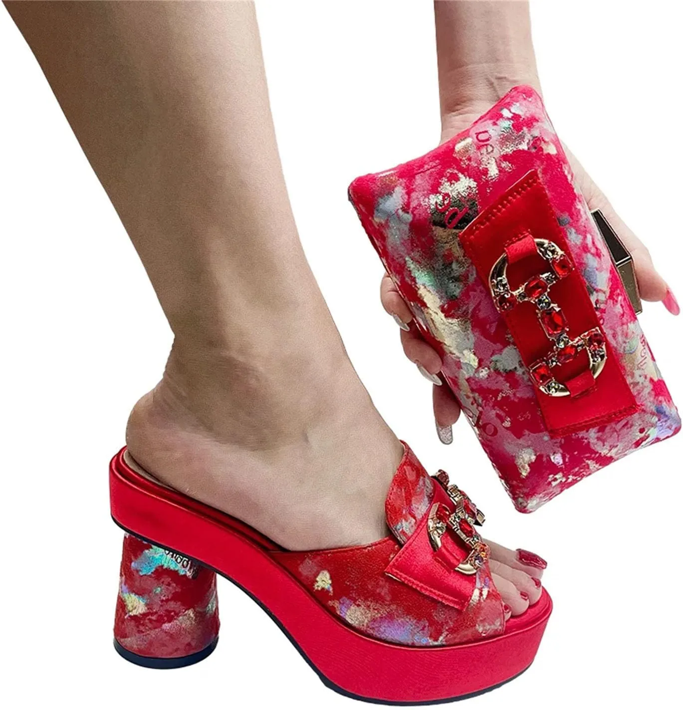 Women's Summer Party Prints High Heels Shoes Fashion Italian Designers 2025 Luxury Elegant Rhinestone Clutch Bag