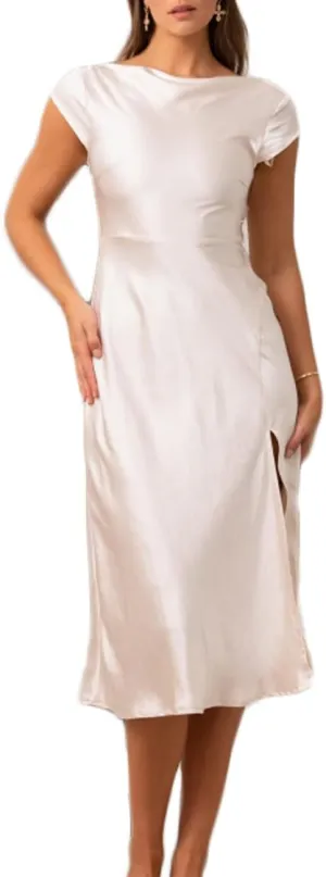 Women's Summer Satin Elegance Backless Twist Cap Sleeves Midi Dress 2025 Sexy Cowl Neck Slit Cocktail Wedding Guest Dresses